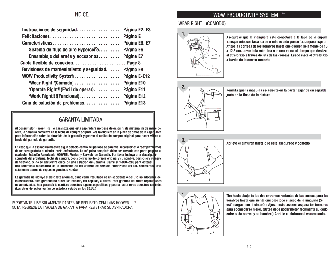 Hoover C2401-010 Índice, Garantía Limitada, ‘WEAR RIGHT!’ Cómodo, Apriete el cinturón hasta que esté asegurado y cómodo 