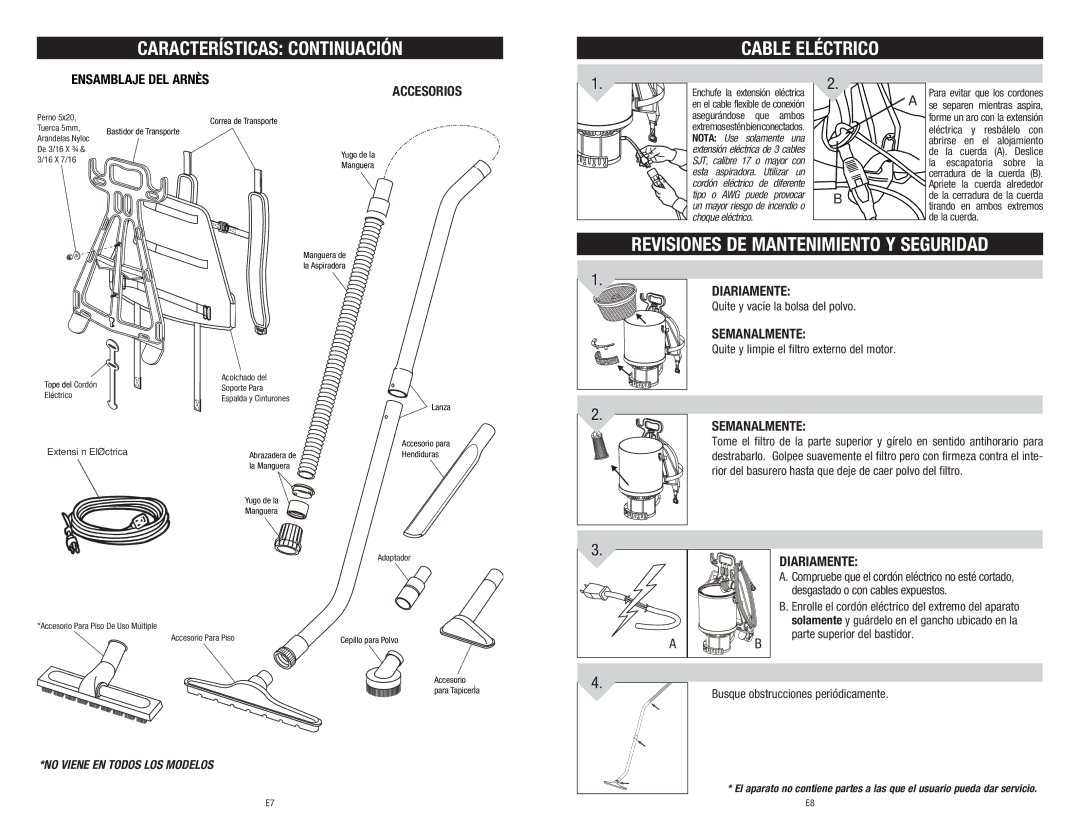 Hoover C2401-010 owner manual Características Continuación, Ensamblaje DEL Arnès, Accesorios, Diariamente, Semanalmente 