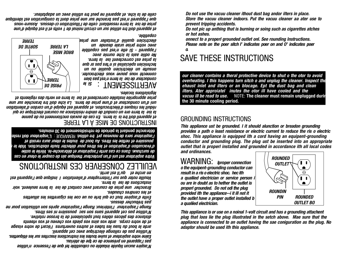 Hoover C2401-010 owner manual Instructions CES Conserver Veuillez, Grounding Instructions 