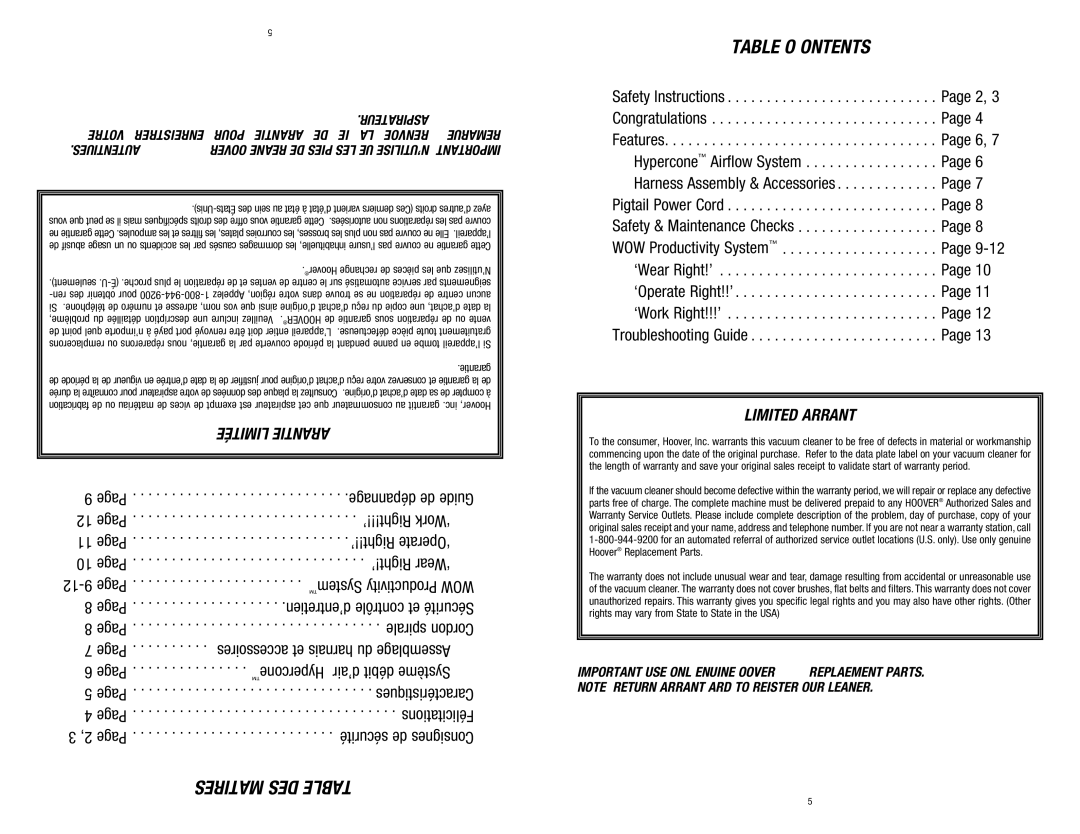 Hoover C2401-010 owner manual Table of Contents 