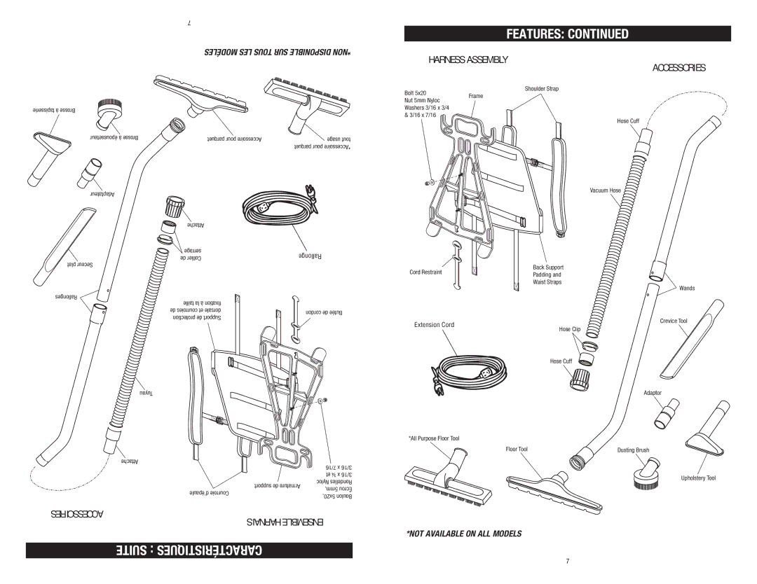 Hoover C2401-010 owner manual Suite Caractéristiques, Accessoires, Harnais Ensemble, Harness Assembly 