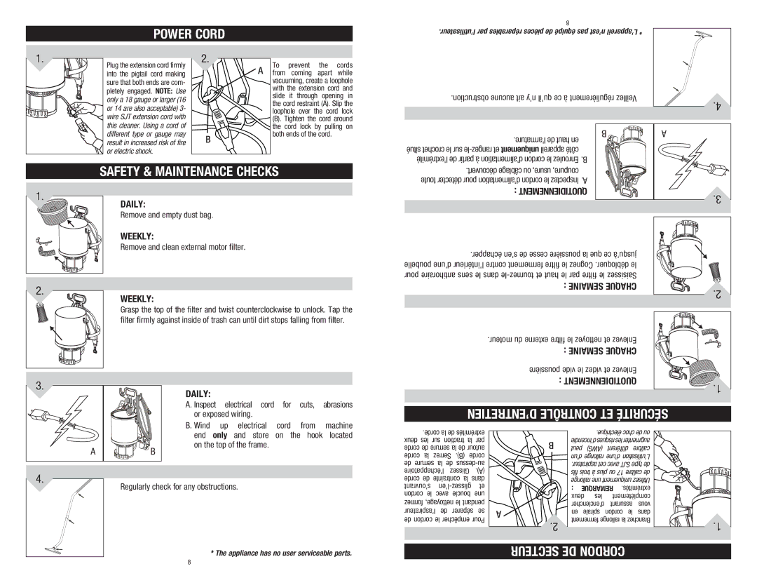 Hoover C2401-010 owner manual Power Cord, Safety & Maintenance Checks, ’ENTRETIEN Contrôle ET Sécurité, Secteur DE Cordon 