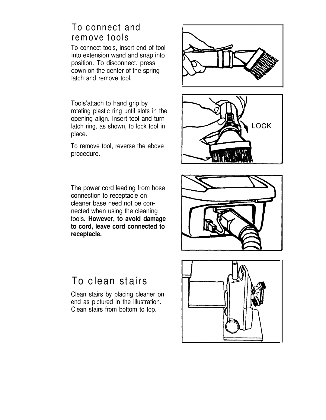 Hoover Canisfer Cleaner with Power Nozzle manual To clean stairs, To connect and remove tools 