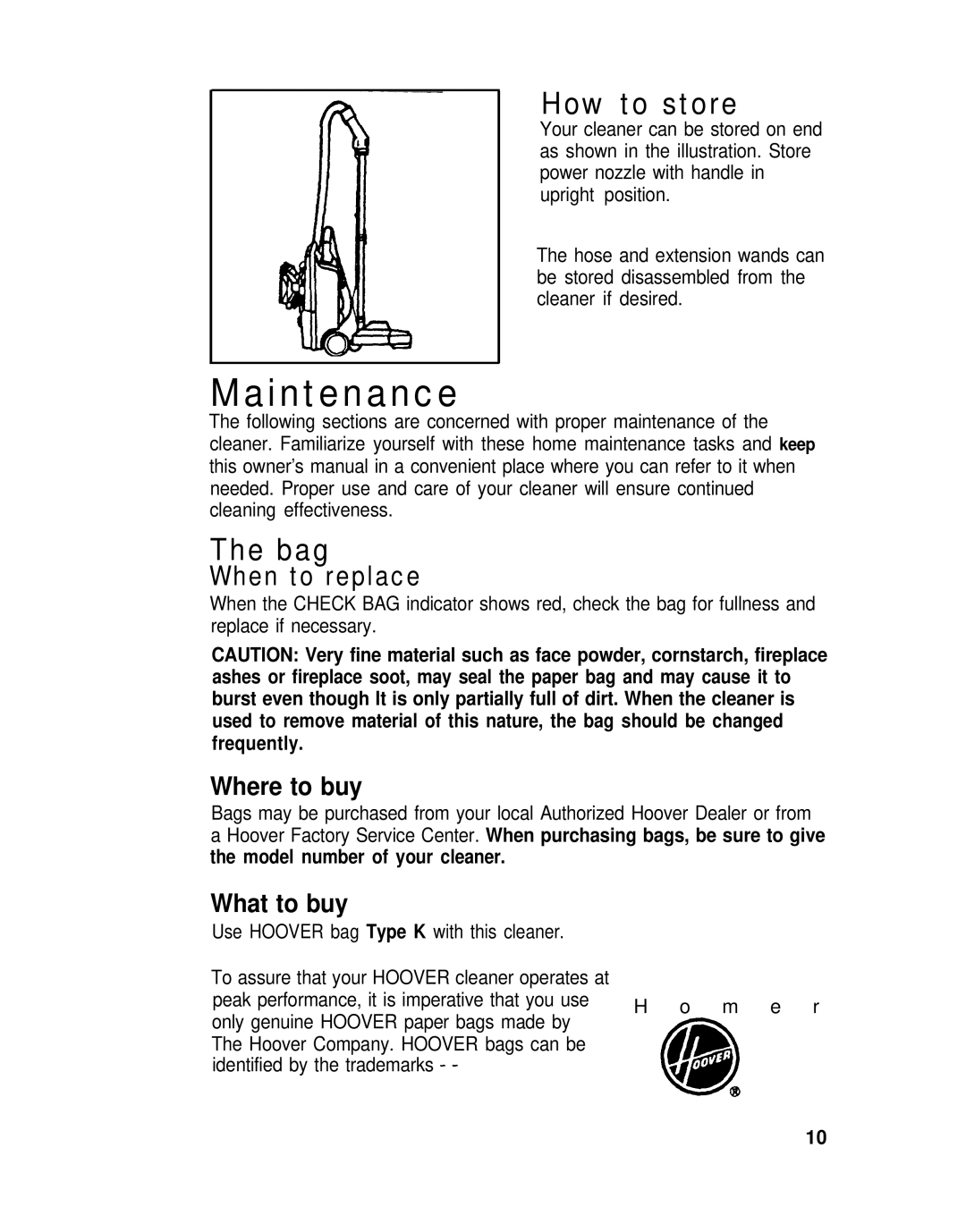 Hoover Canisfer Cleaner with Power Nozzle manual Maintenance, How to store, Bag, When to replace 