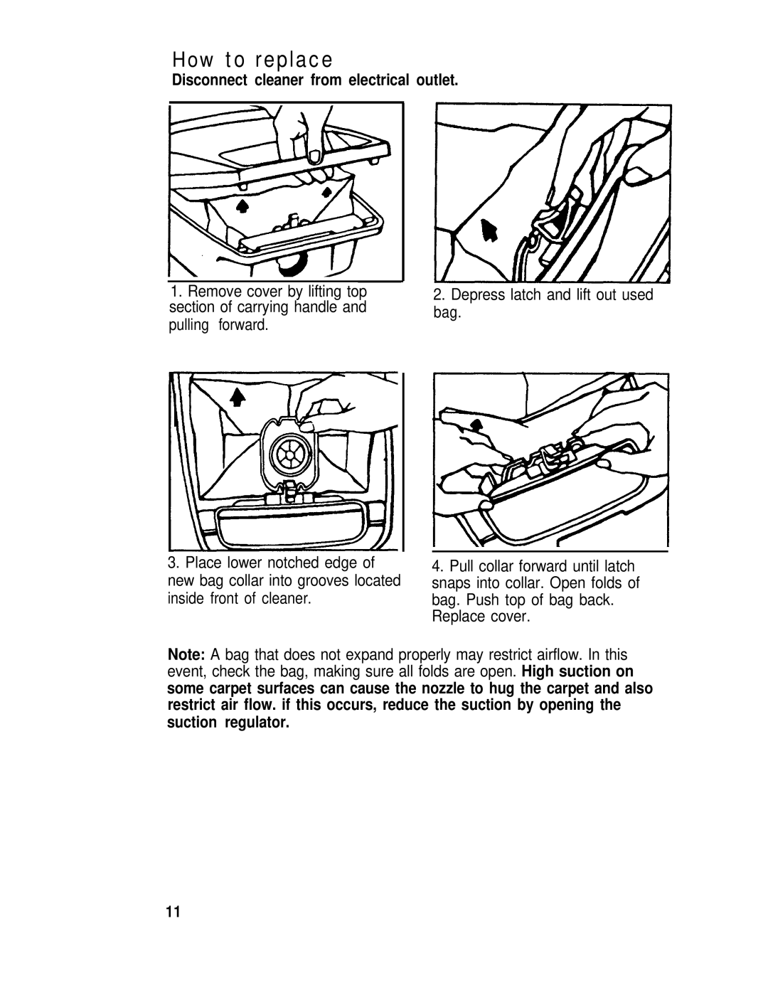 Hoover Canisfer Cleaner with Power Nozzle manual How to replace, Disconnect cleaner from electrical outlet 