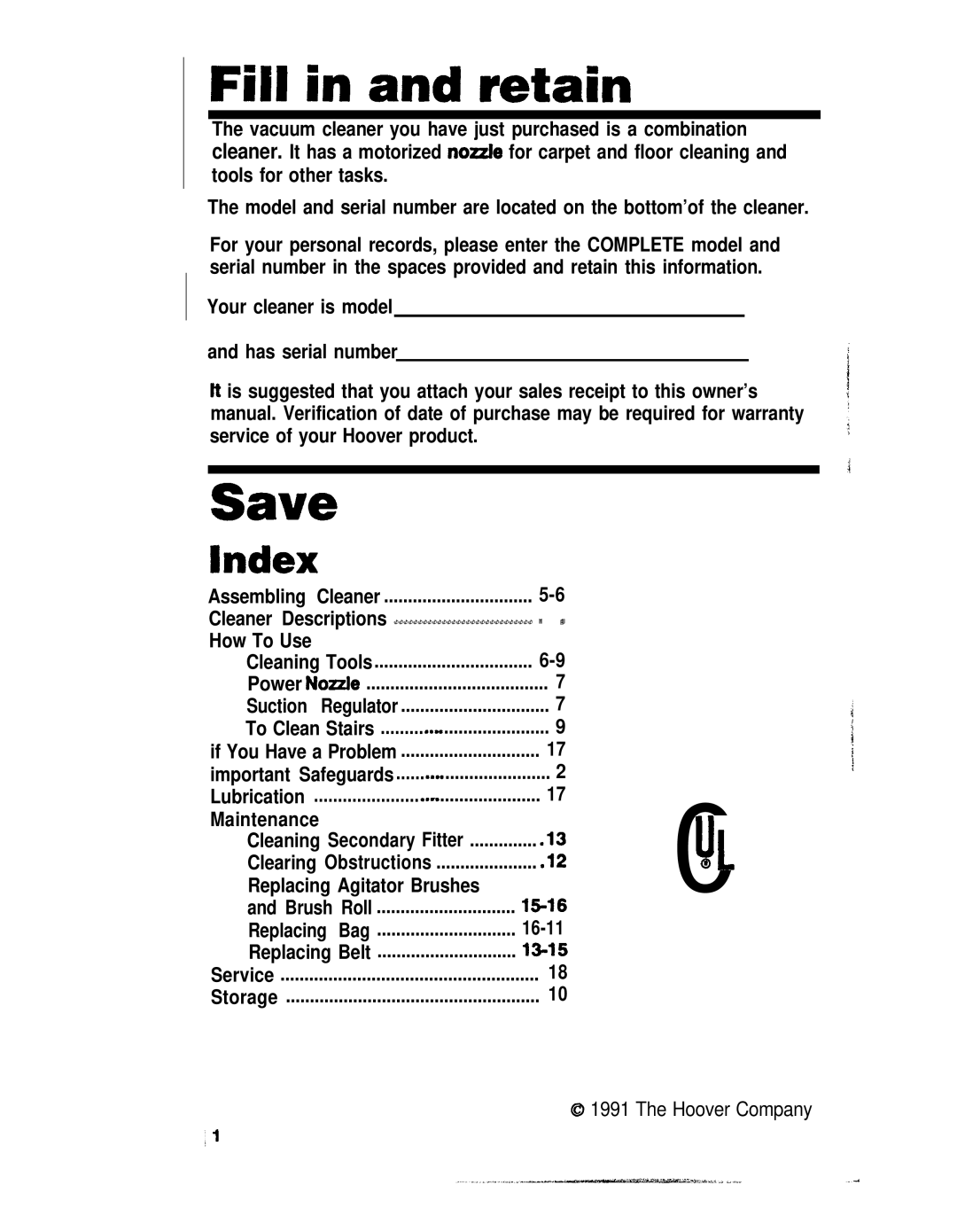 Hoover Canisfer Cleaner with Power Nozzle manual Index, Your cleaner is model Has serial number, How To Use Cleaning Tools 
