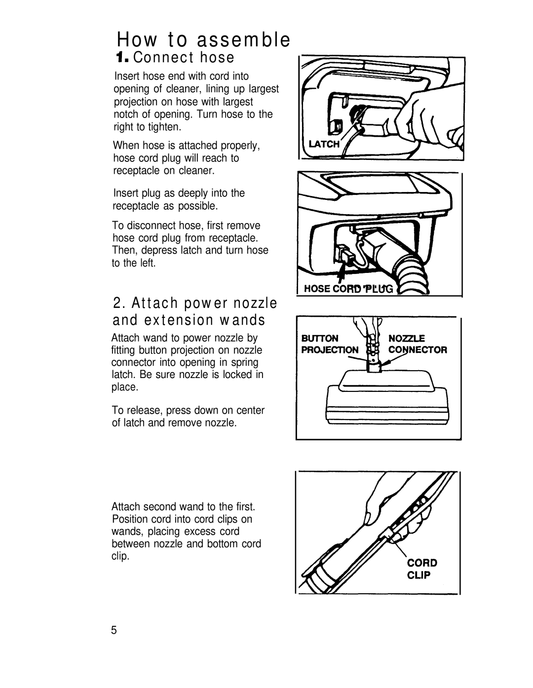 Hoover Canisfer Cleaner with Power Nozzle manual How to assemble, Connect hose 