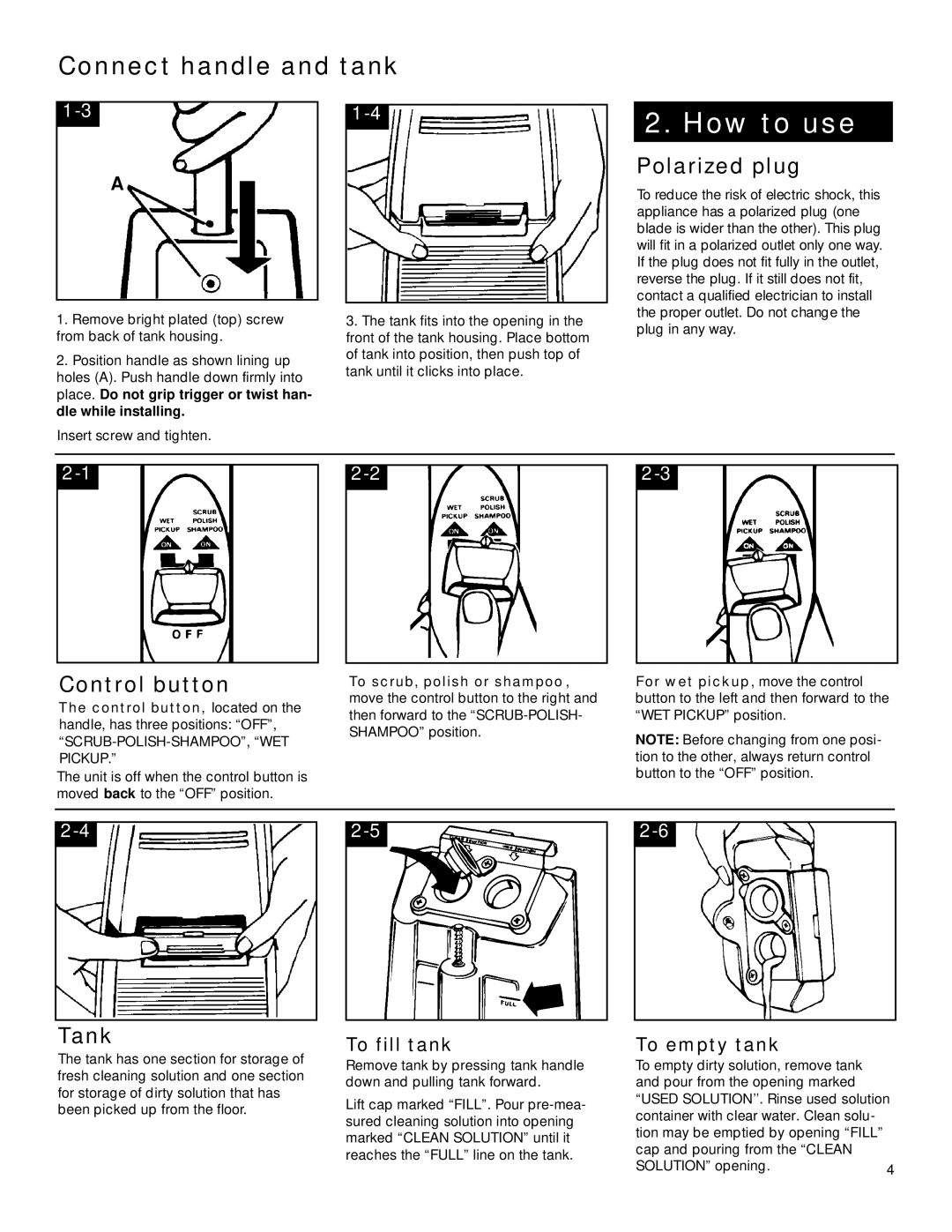 Hoover Carpet Cleaner owner manual Connect handle and tank, Polarized plug, Control button, Tank 