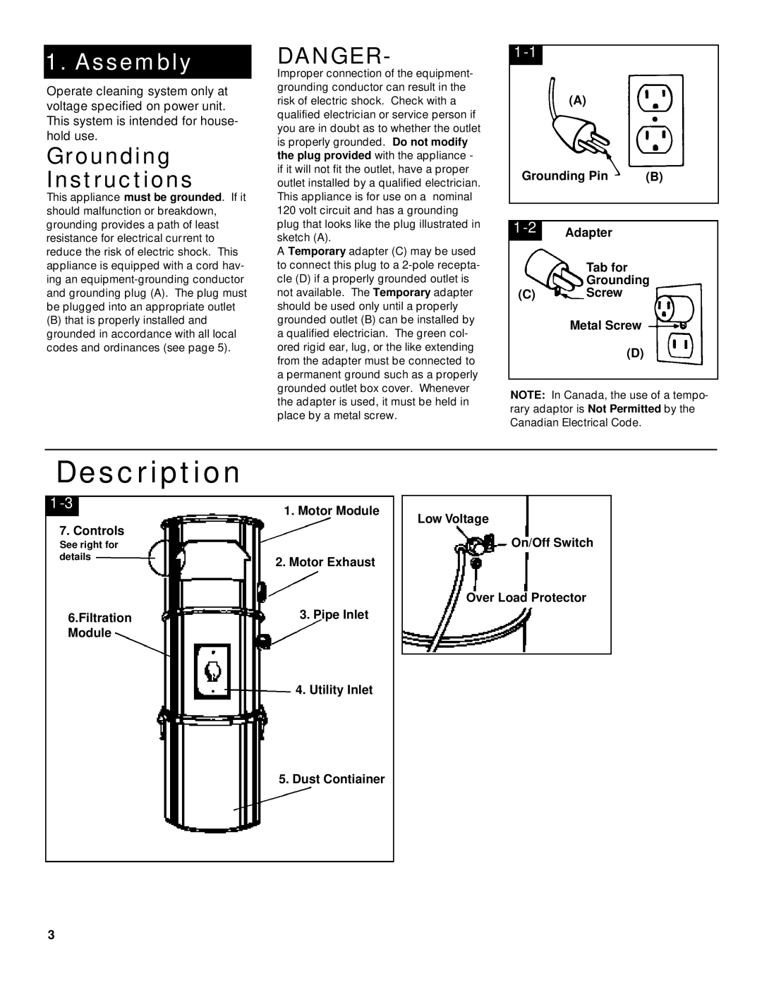 Hoover Central Vacuum Systems owner manual Assembly, Grounding Instructions, Pipe Inlet 