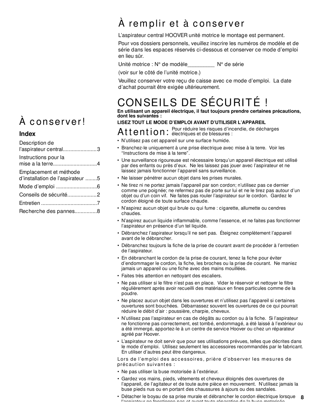 Hoover Central Vacuum Systems owner manual Conserver, Remplir et à conserver 