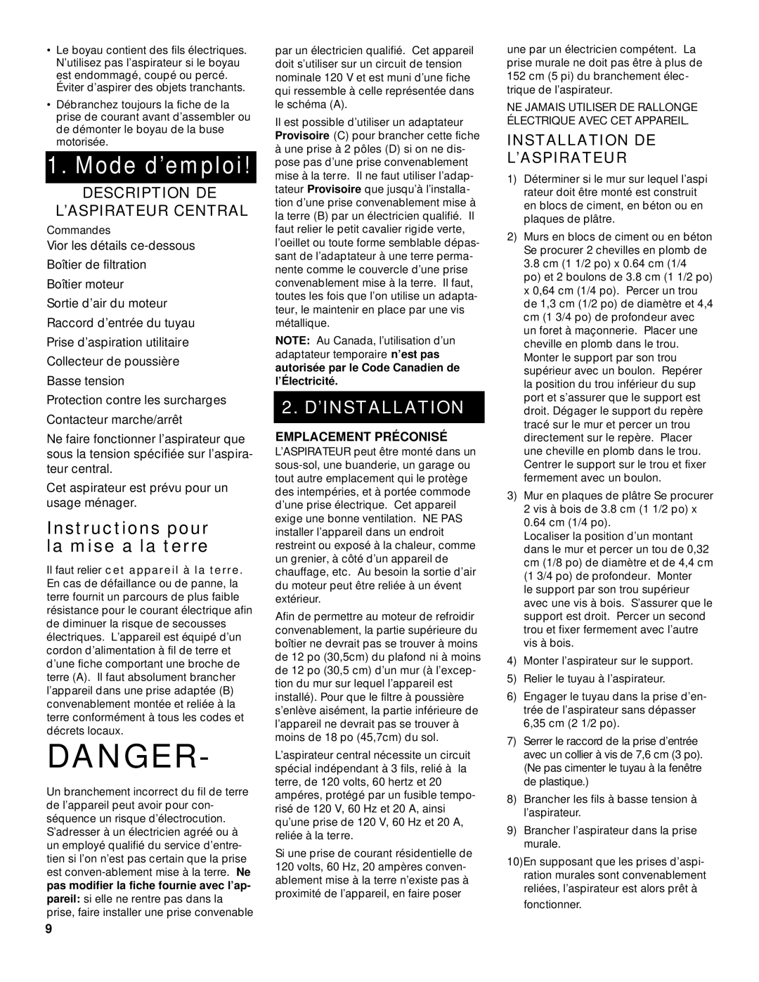 Hoover Central Vacuum Systems owner manual Mode d’emploi 