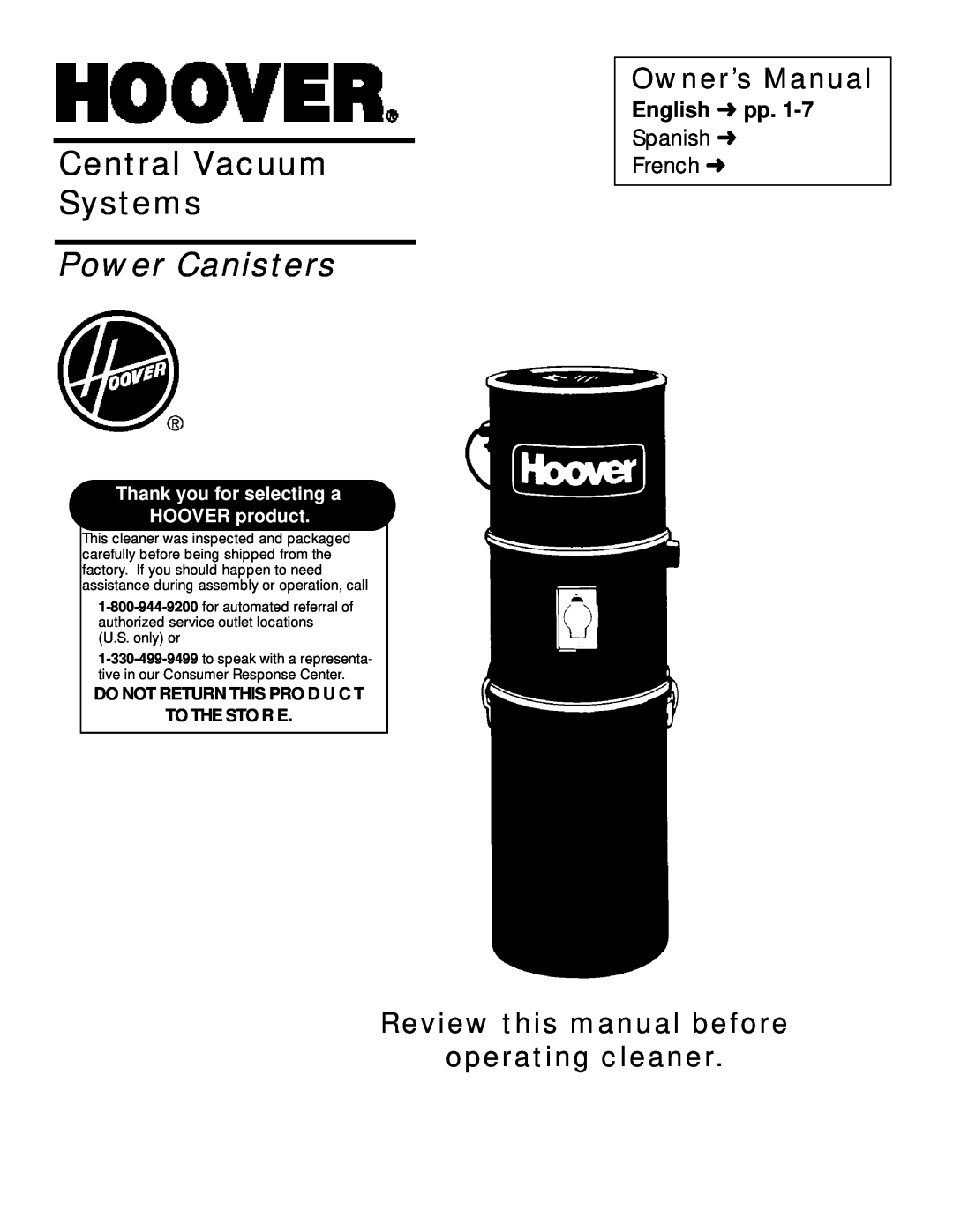 Hoover Central Vacuum Systems owner manual Owner’s Manual, Review this manual before operating cleaner, Power Canisters 