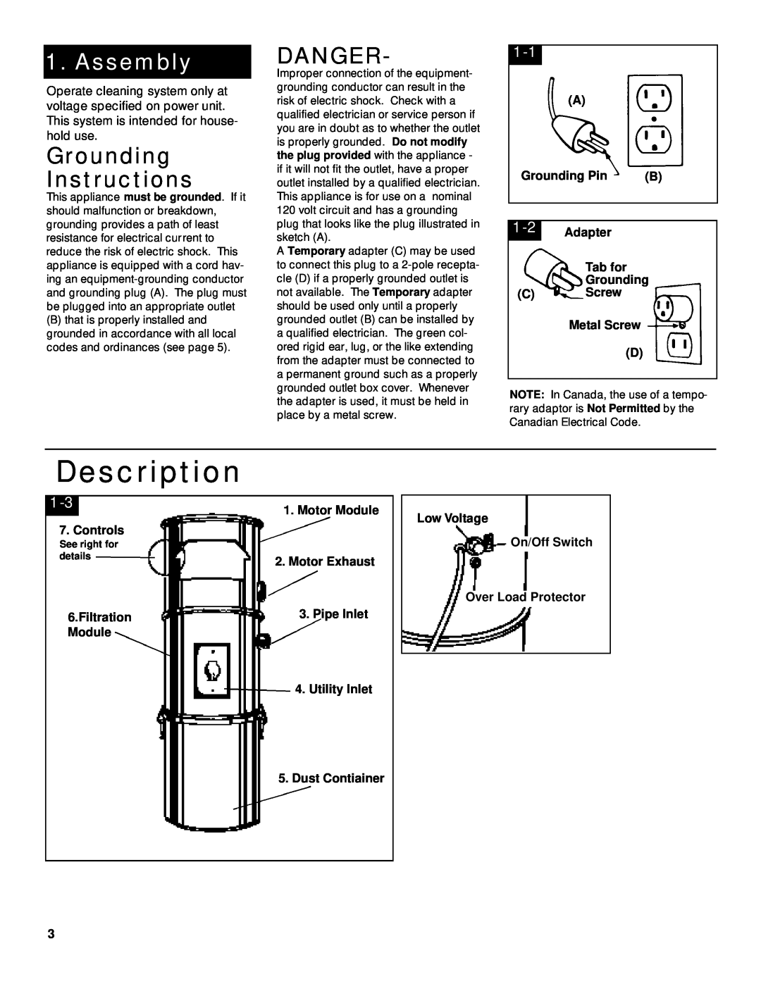Hoover Central Vacuum Systems Assembly, Grounding Instructions, Danger, Motor Module Low Voltage 7. Controls, Filtration 