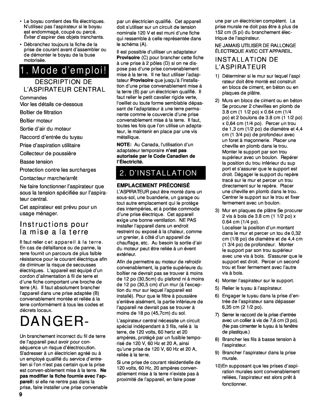 Hoover Central Vacuum Systems Instructions pour la mise a la terre, Description De L’ A S P I R Ateur Central, Danger 