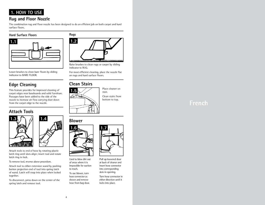 Hoover CH30000 owner manual Edge Cleaning, Clean Stairs, Blower Souffleur, Rebords des Nettoyage 