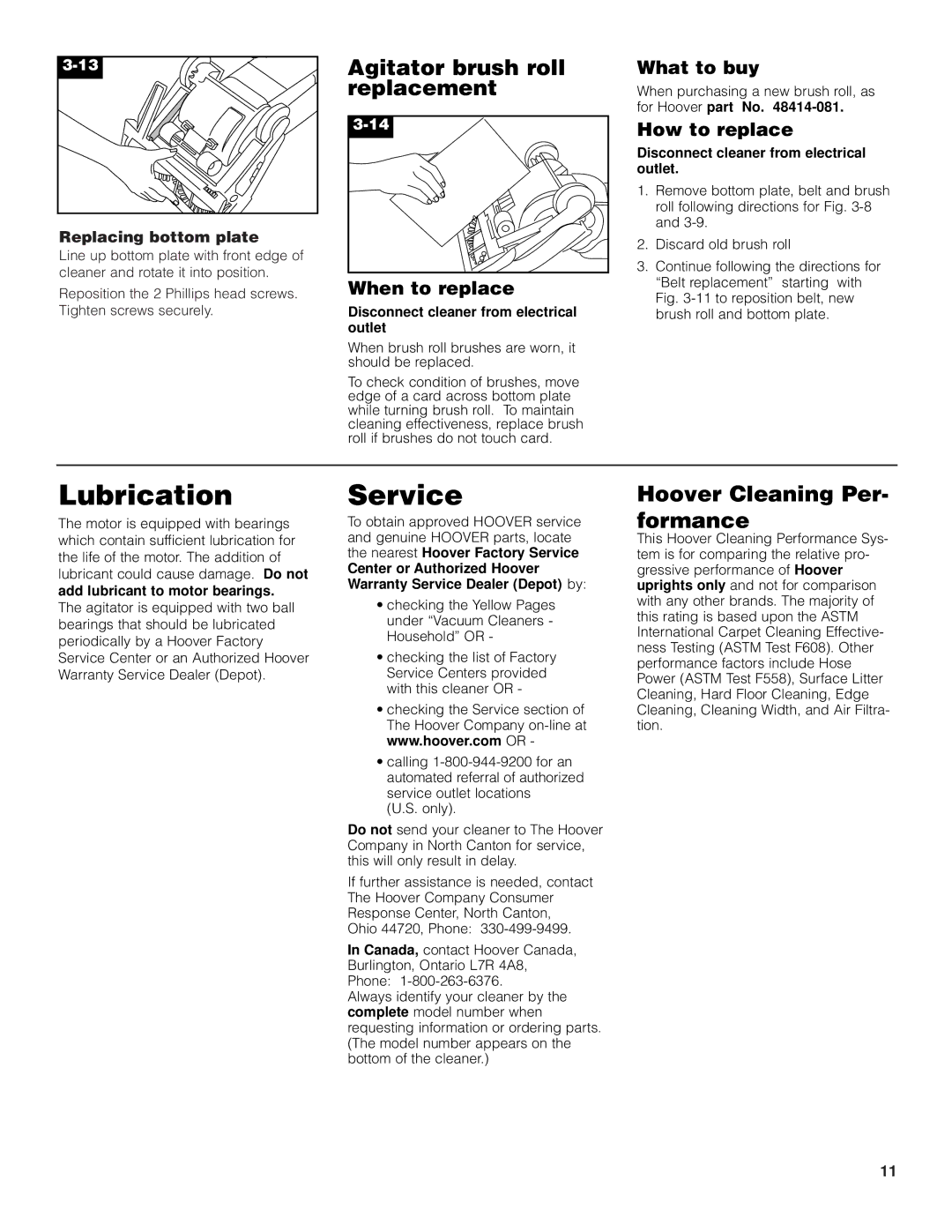 Hoover cleaner owner manual Agitator brush roll, Replacement, Hoover Cleaning Per- formance, Replacing bottom plate 