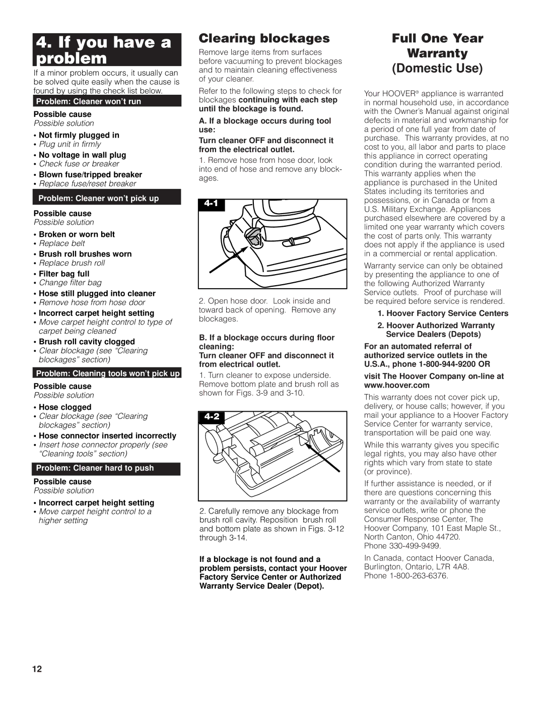 Hoover cleaner owner manual If you have a problem, Clearing blockages, Full One Year Warranty Domestic Use 