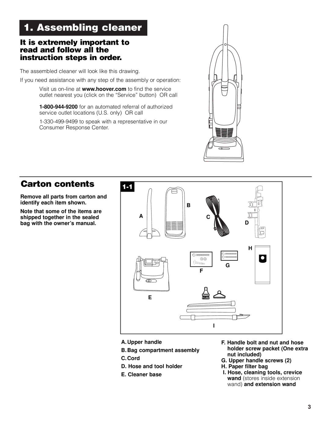 Hoover owner manual Assembling cleaner, Carton contents 