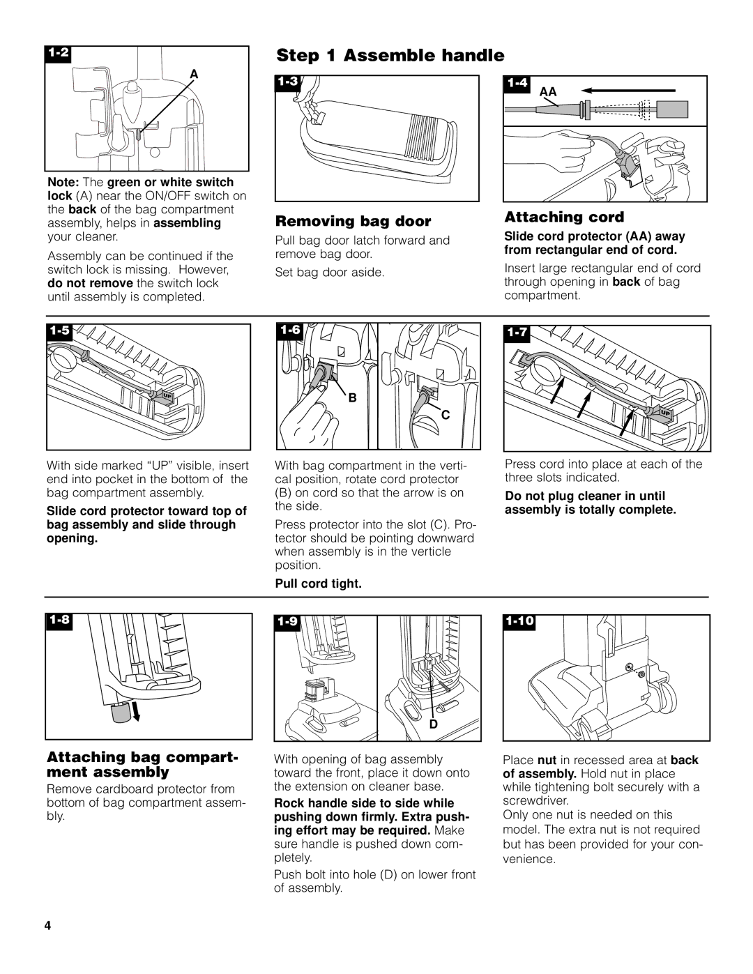 Hoover cleaner owner manual Assemble handle, Removing bag door, Attaching cord, Attaching bag compart- ment assembly 