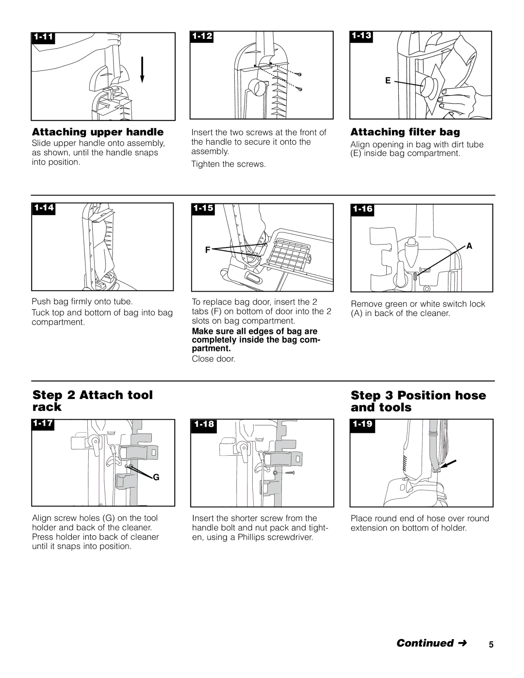 Hoover cleaner owner manual Attach tool rack, Position hose and tools, Attaching upper handle, Attaching filter bag 