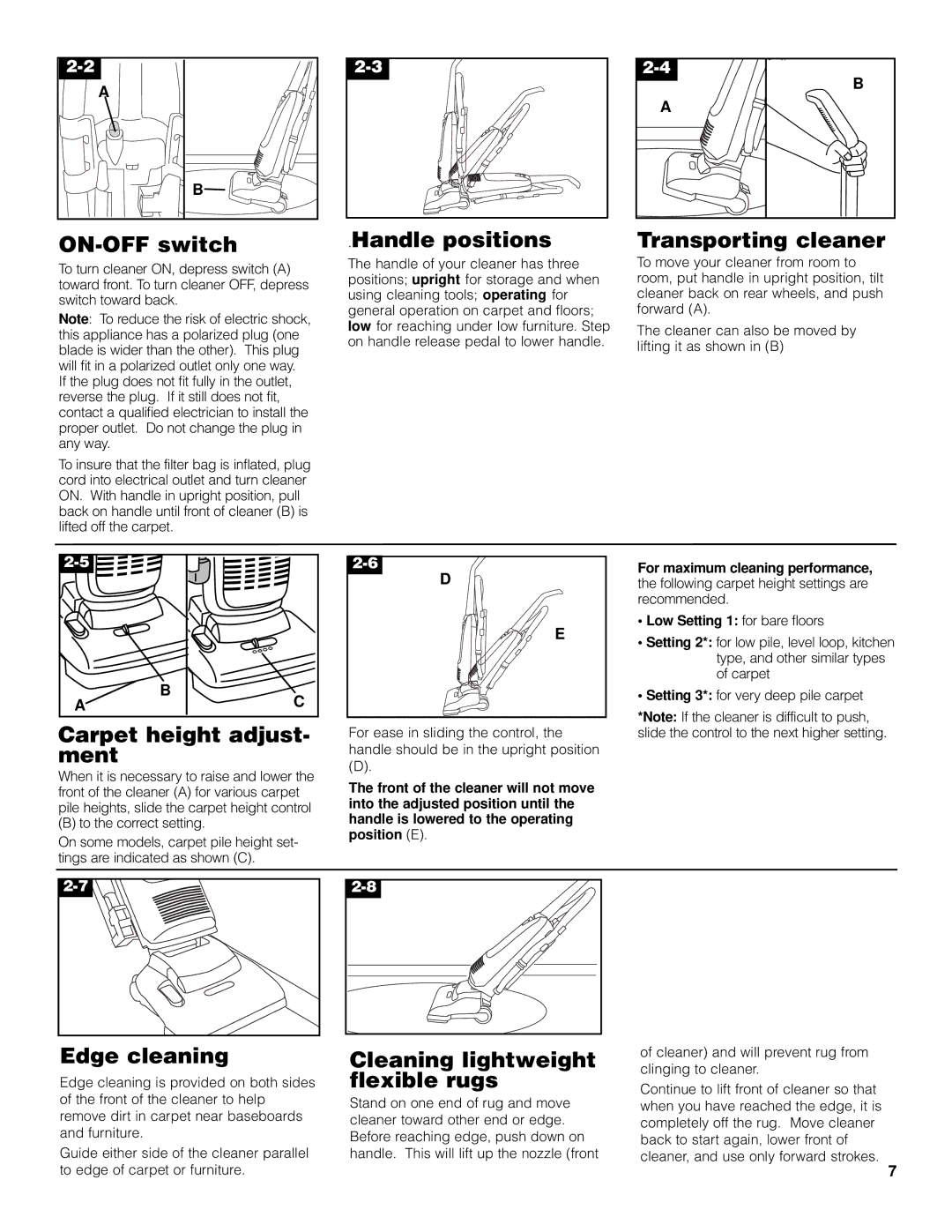 Hoover owner manual ON-OFF switch, Handle positions, Transporting cleaner, Carpet height adjust- ment, Edge cleaning 