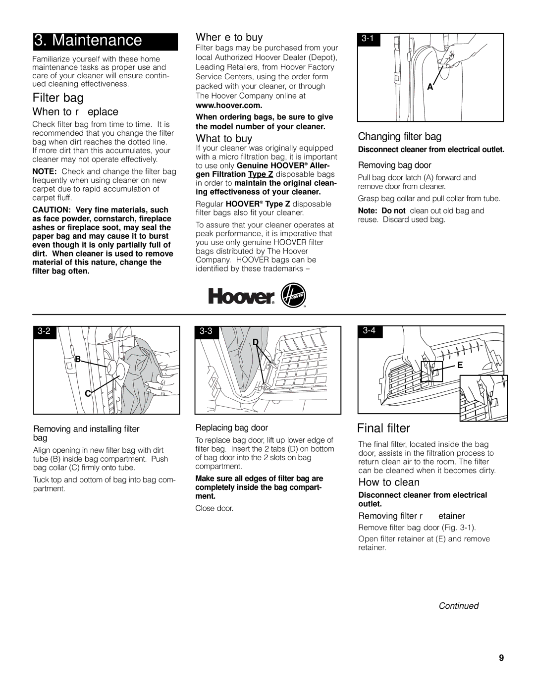 Hoover cleaner owner manual Maintenance, Filter bag, Final filter 