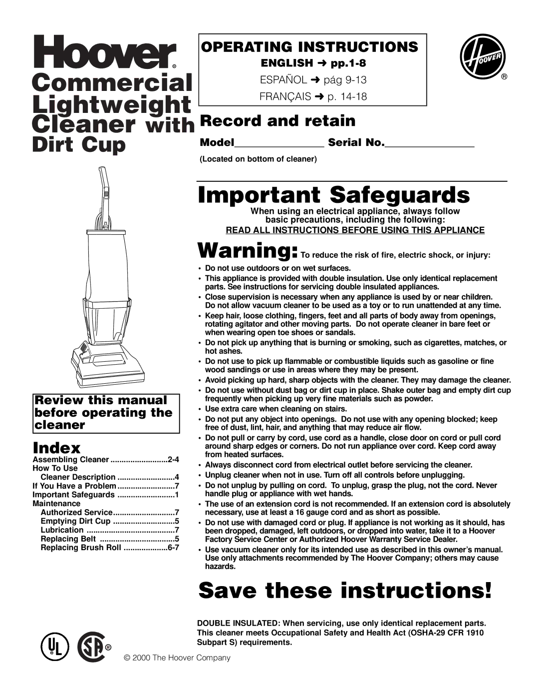 Hoover Commercial Lightweight Cleaner with Dirt Cup warranty Cleaner with Record and retain, Index, English pp.1-8 