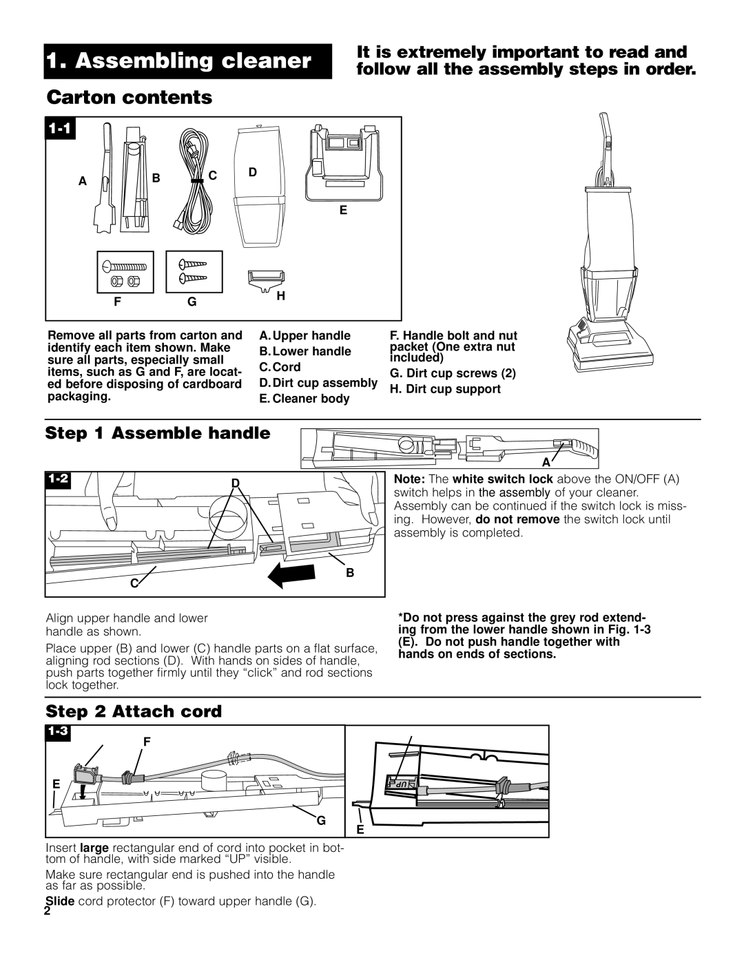 Hoover Commercial Lightweight Cleaner with Dirt Cup warranty Assembling cleaner, Carton contents 