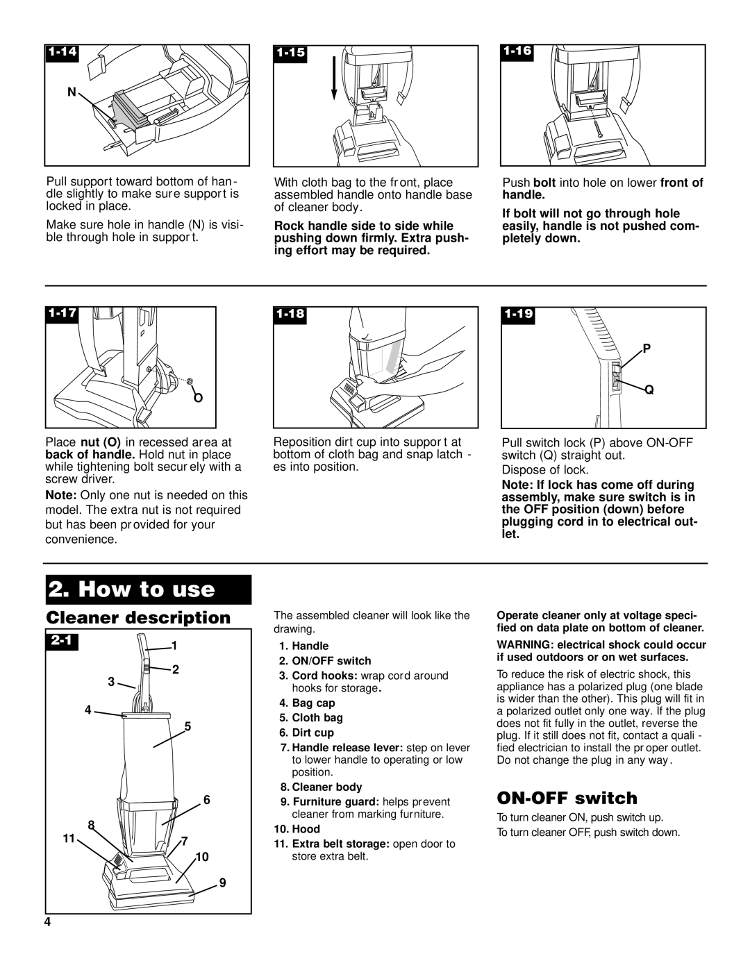 Hoover Commercial Lightweight Cleaner with Dirt Cup How to use, Cleaner description, ON-OFF switch, Handle ON/OFF switch 