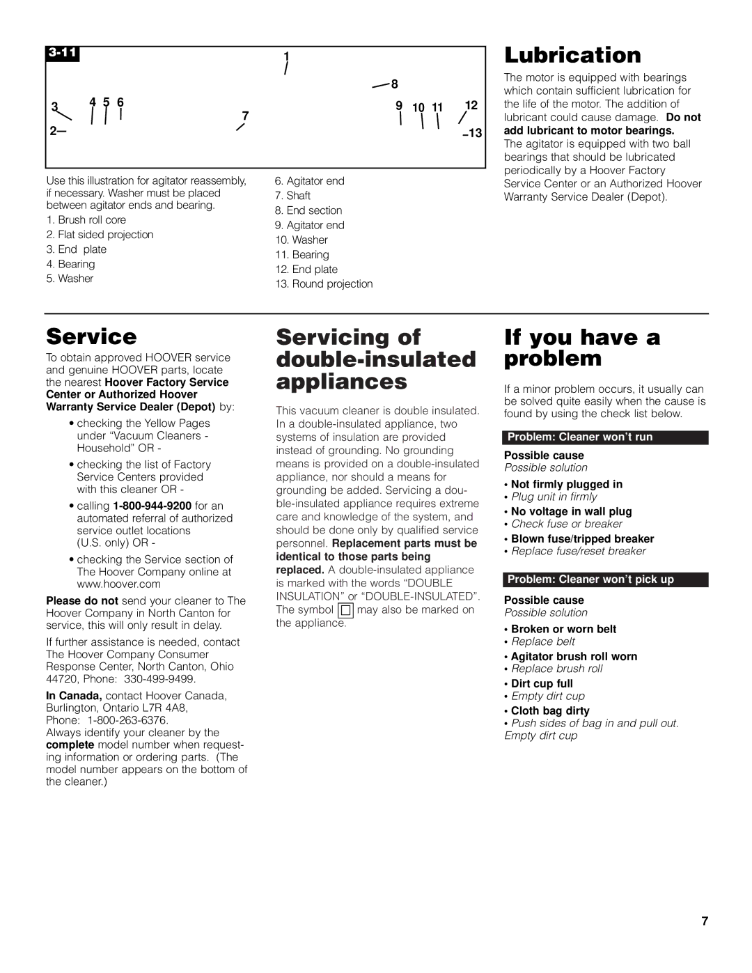 Hoover Commercial Lightweight Cleaner with Dirt Cup warranty Lubrication, Service, Servicing of double-insulated appliances 