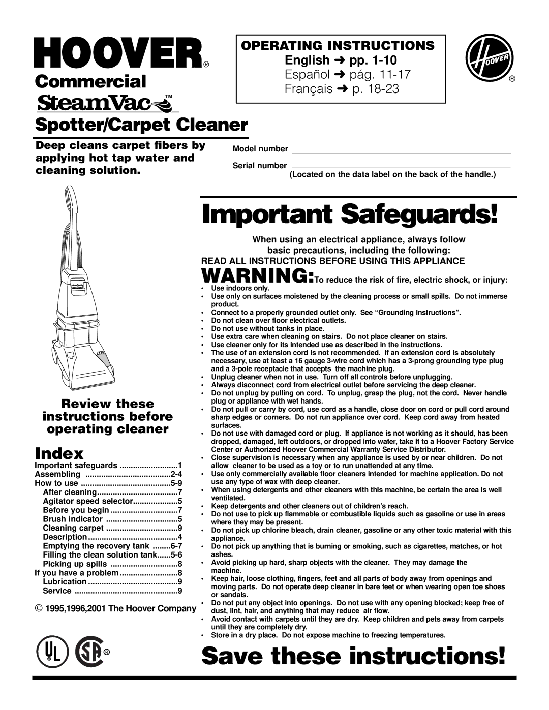 Hoover Commercial Spotter/Carpet Cleaner operating instructions English pp, Assembling How to use After cleaning 