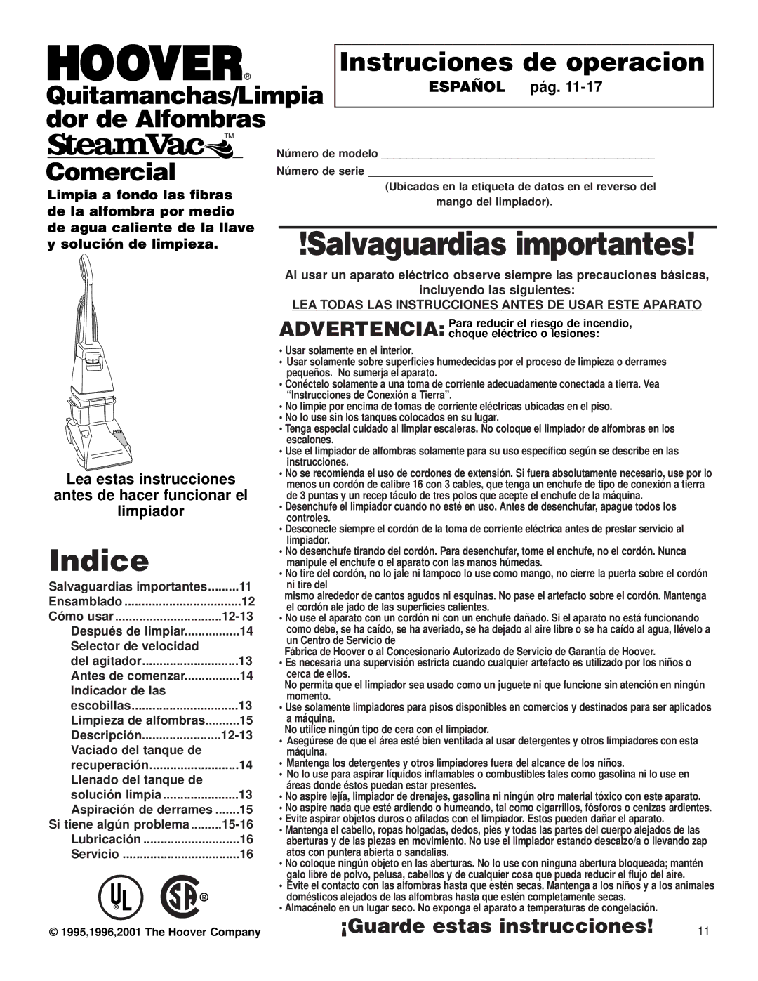 Hoover Commercial Spotter/Carpet Cleaner operating instructions Español pág 