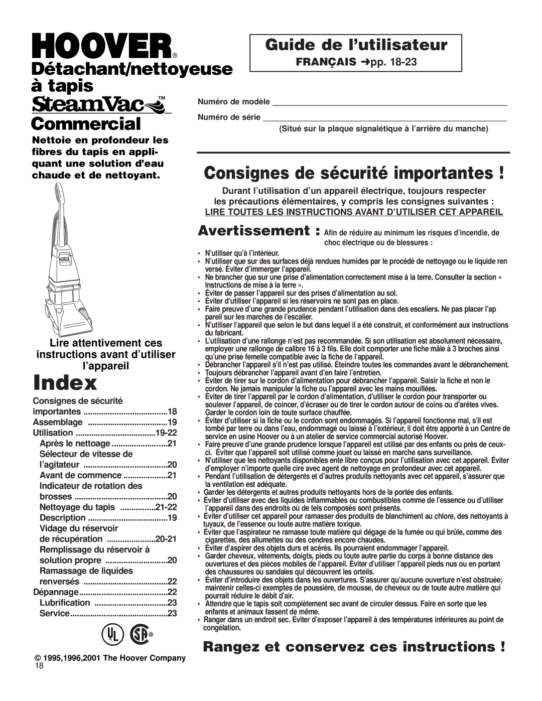 Hoover Commercial Spotter/Carpet Cleaner operating instructions Français pp 