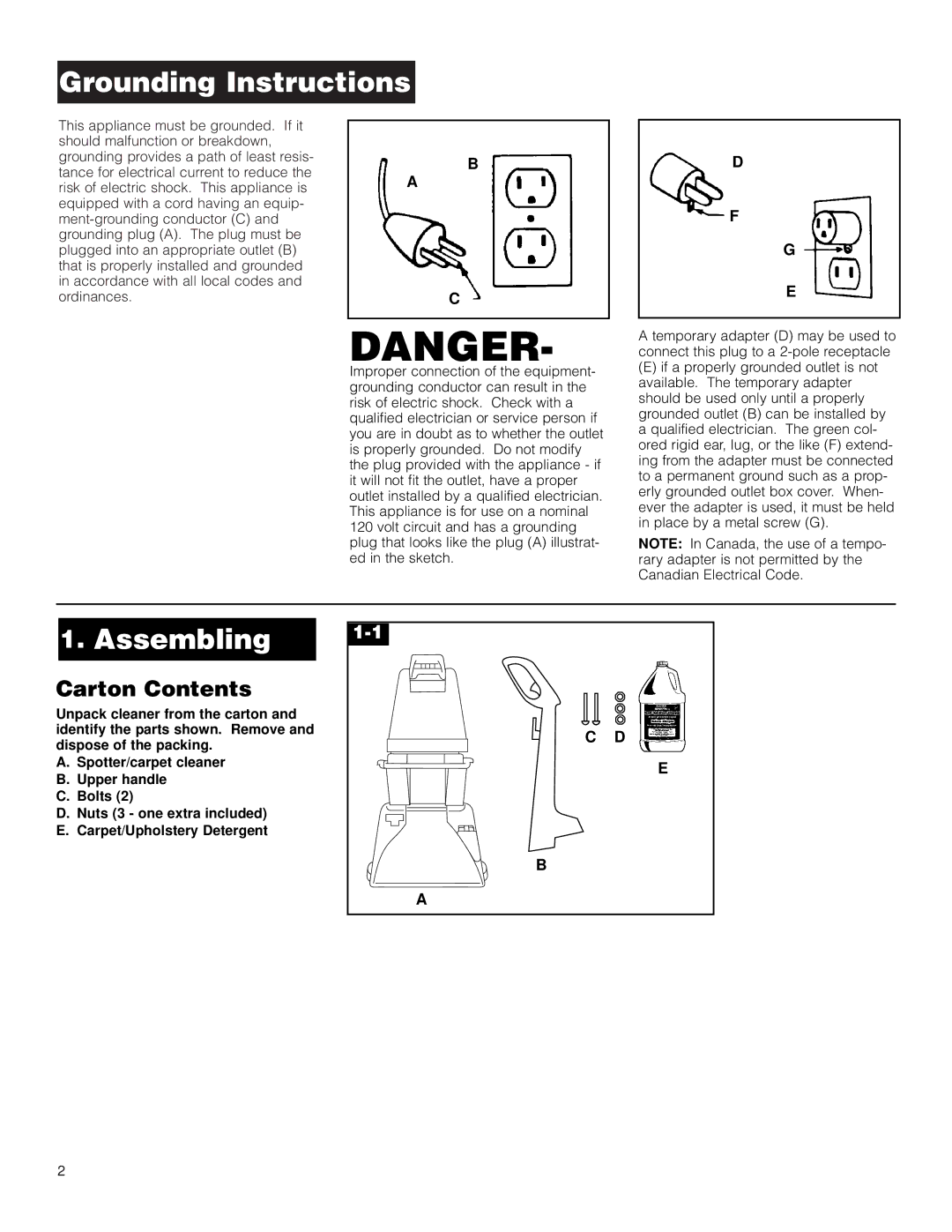 Hoover Commercial Spotter/Carpet Cleaner operating instructions Grounding Instructions, Carton Contents 