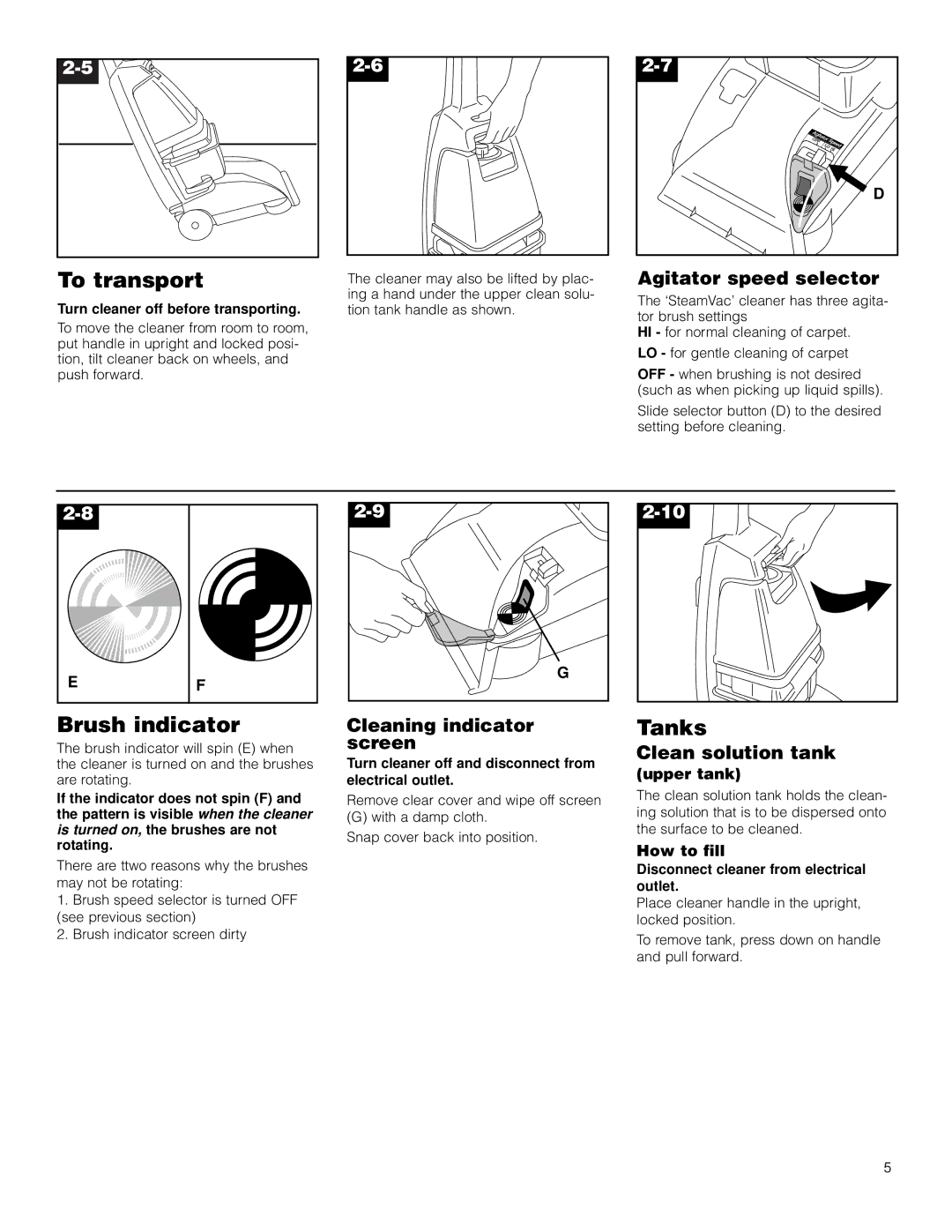 Hoover Commercial Spotter/Carpet Cleaner operating instructions To transport, Brush indicator, Tanks 