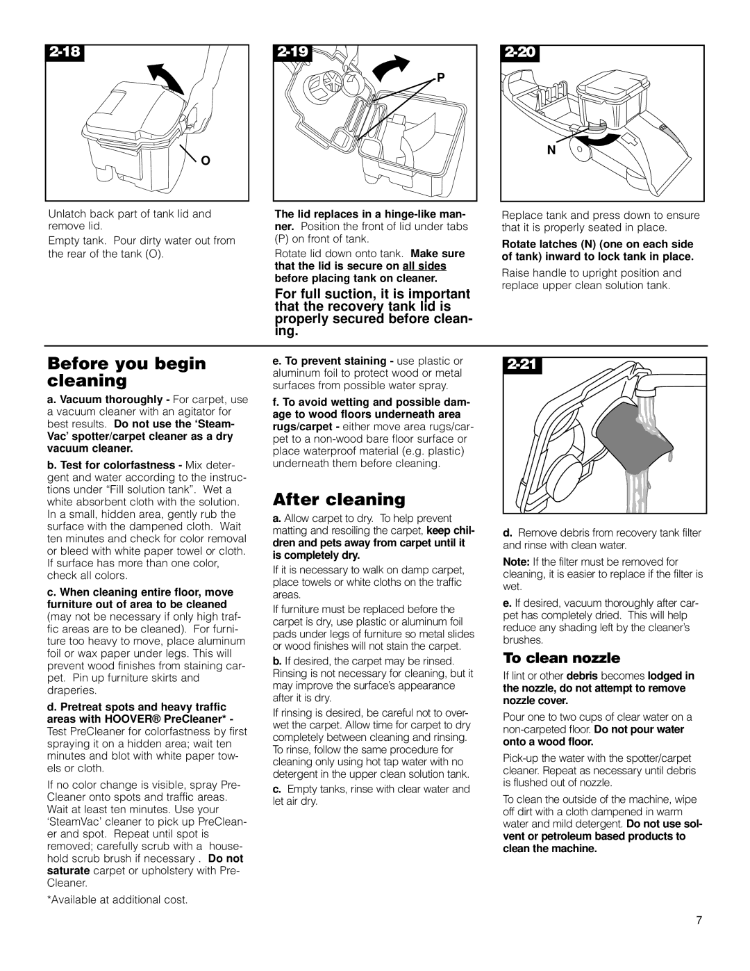 Hoover Commercial Spotter/Carpet Cleaner operating instructions Before you begin cleaning, After cleaning, To clean nozzle 