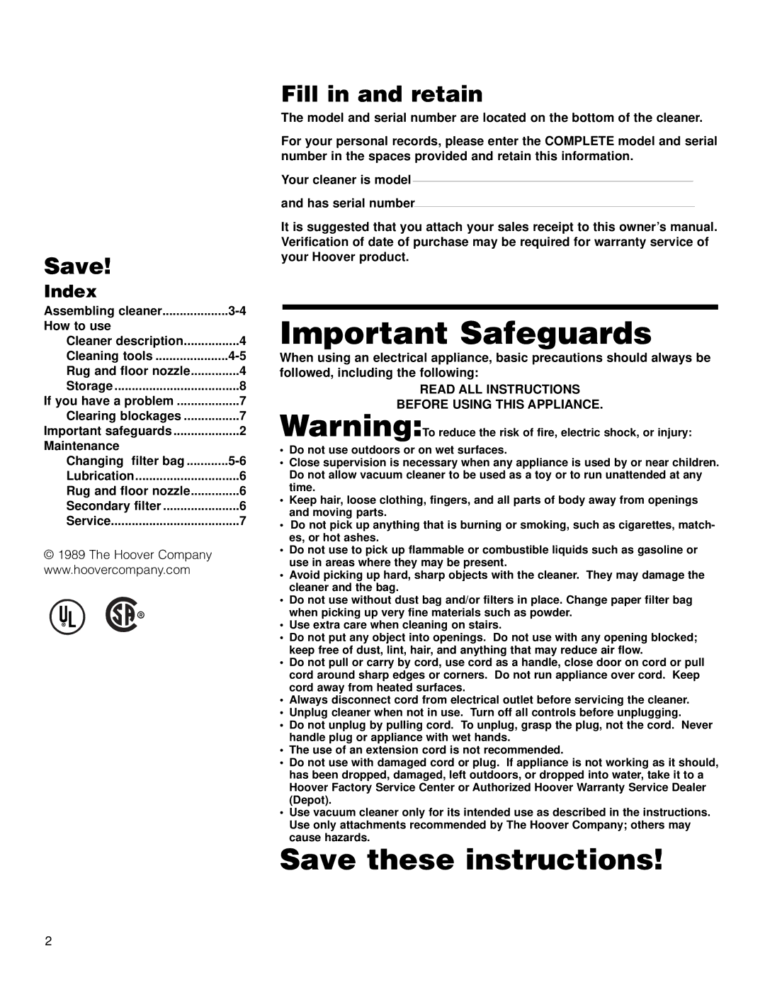 Hoover Compact Canister Cleaner Save, Fill in and retain, Index, Read ALL Instructions Before Using this Appliance 