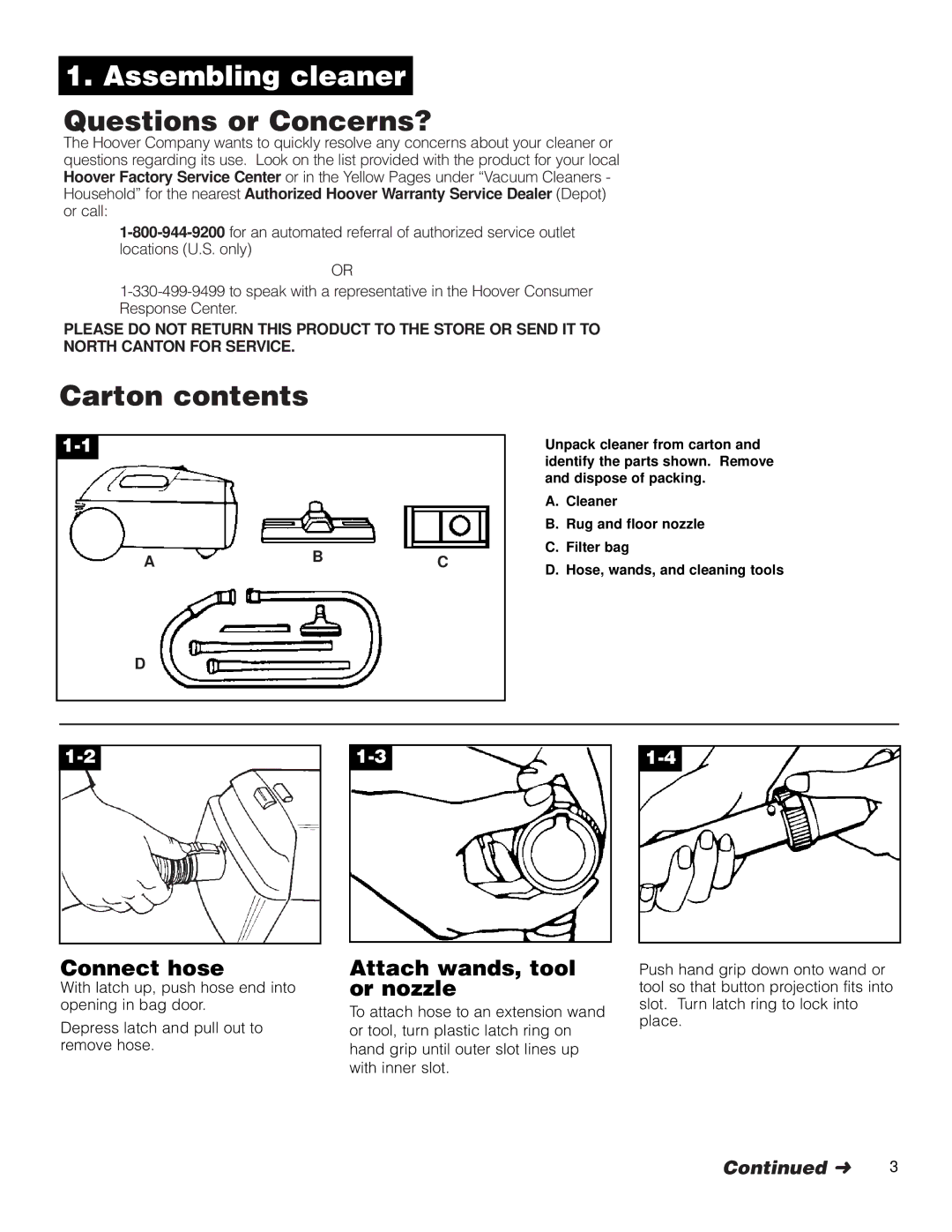 Hoover Compact Canister Cleaner owner manual Assembling cleaner, Questions or Concerns?, Carton contents 