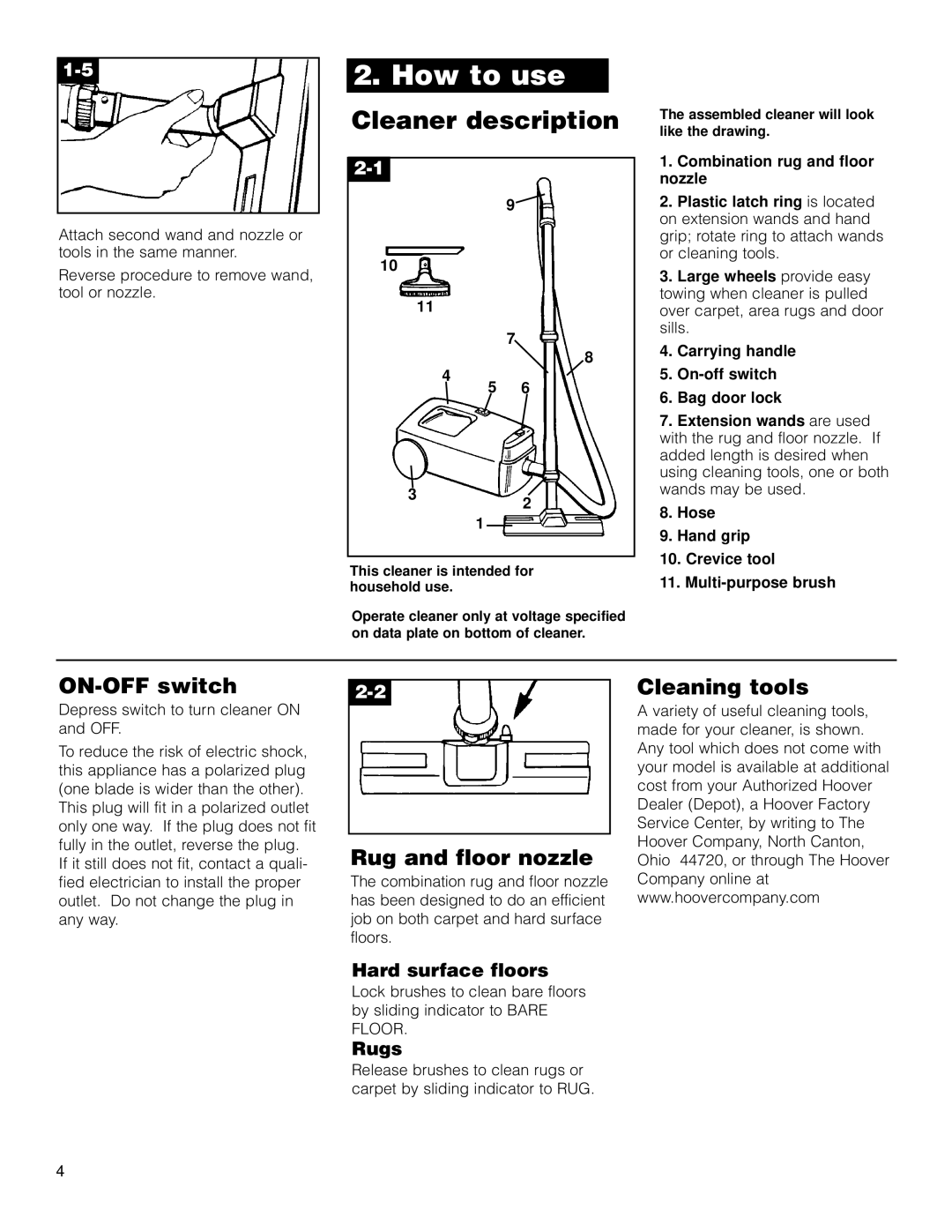 Hoover Compact Canister Cleaner owner manual How to use, ON-OFF switch, Rug and floor nozzle, Cleaning tools 