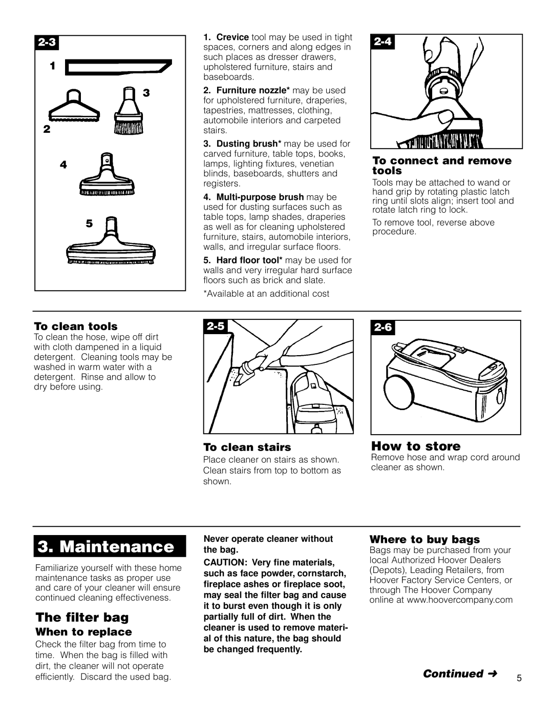 Hoover Compact Canister Cleaner owner manual Maintenance, How to store, Filter bag 