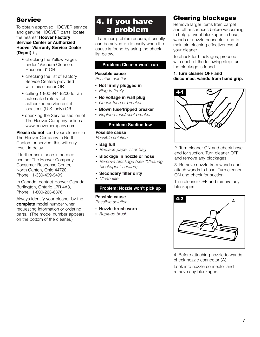 Hoover Compact Canister Cleaner owner manual If you have a problem, Service, Clearing blockages 