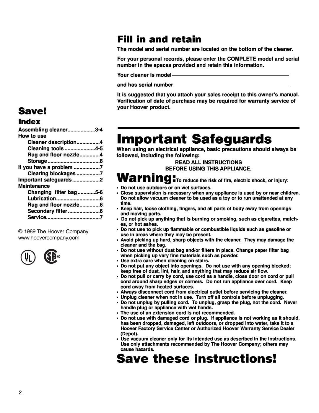 Hoover Compact Canister Cleaner owner manual Fill in and retain, Index, Important Safeguards, Save these instructions 