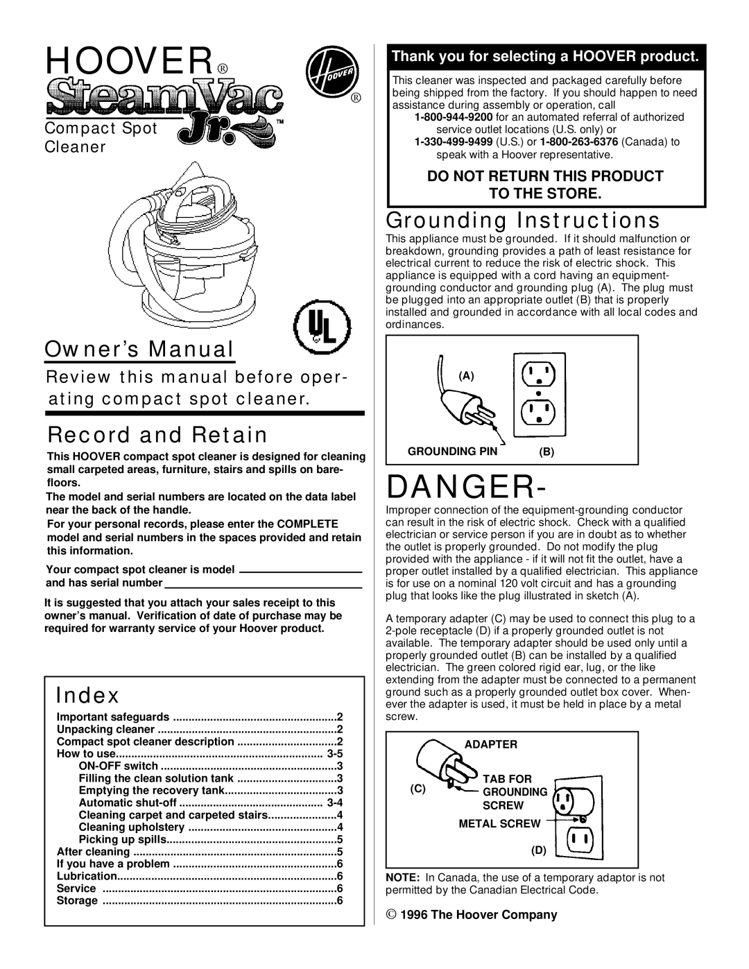 Hoover Compact Spot Cleaner owner manual Record and Retain, Index, Grounding Instructions 