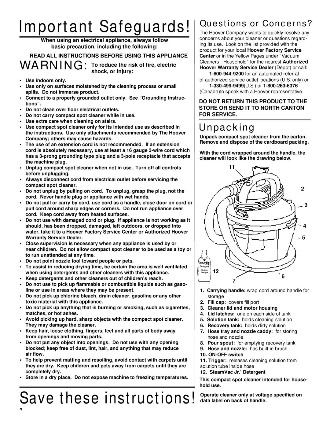 Hoover Compact Spot Cleaner owner manual Important Safeguards, Unpacking 