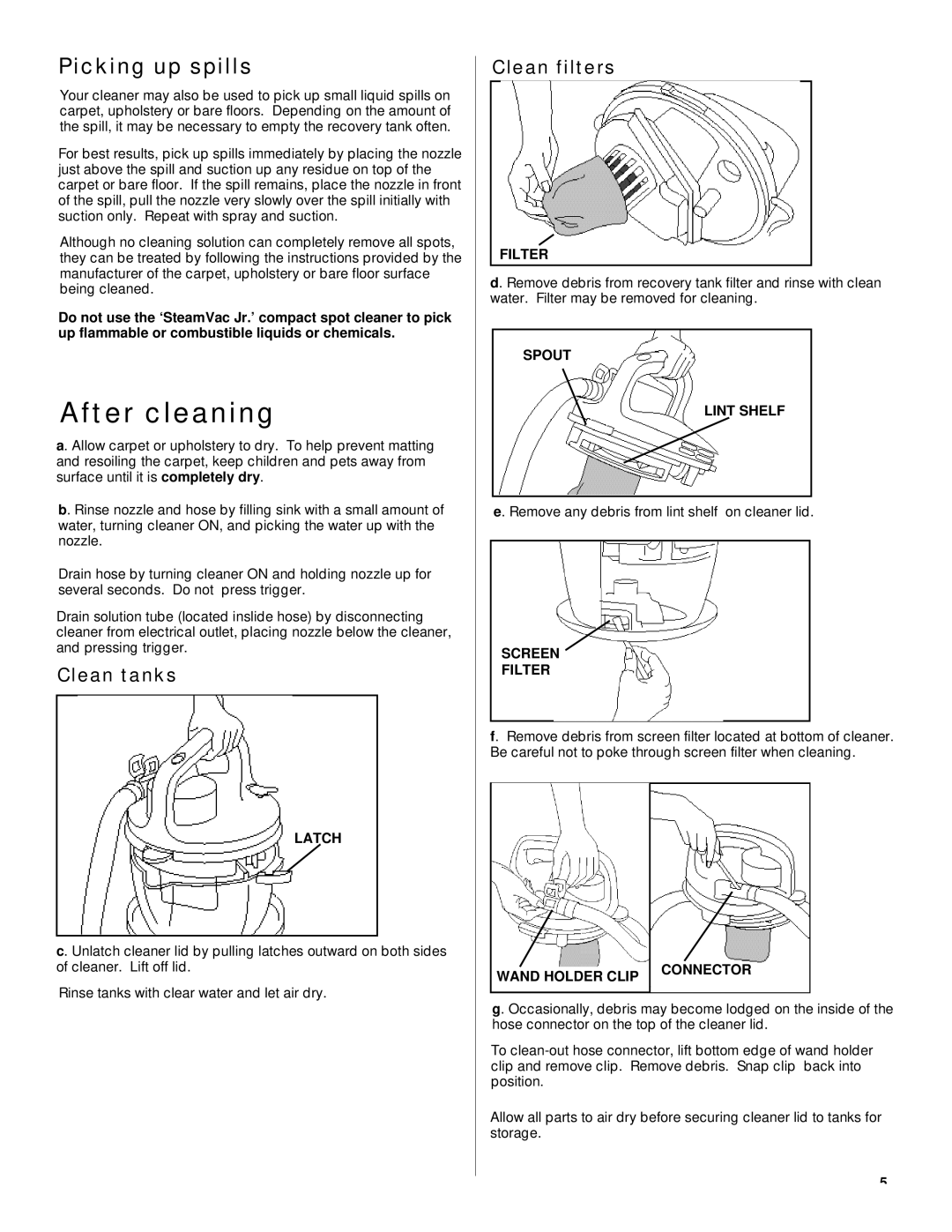 Hoover Compact Spot Cleaner owner manual After cleaning, Picking up spills, Clean tanks, Clean filters 