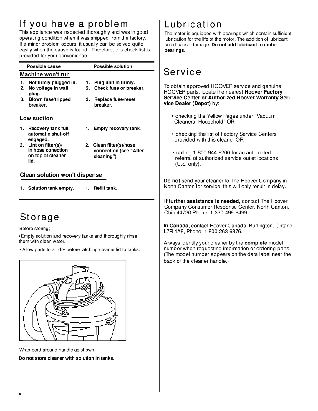 Hoover Compact Spot Cleaner owner manual If you have a problem, Storage, Lubrication, Service 