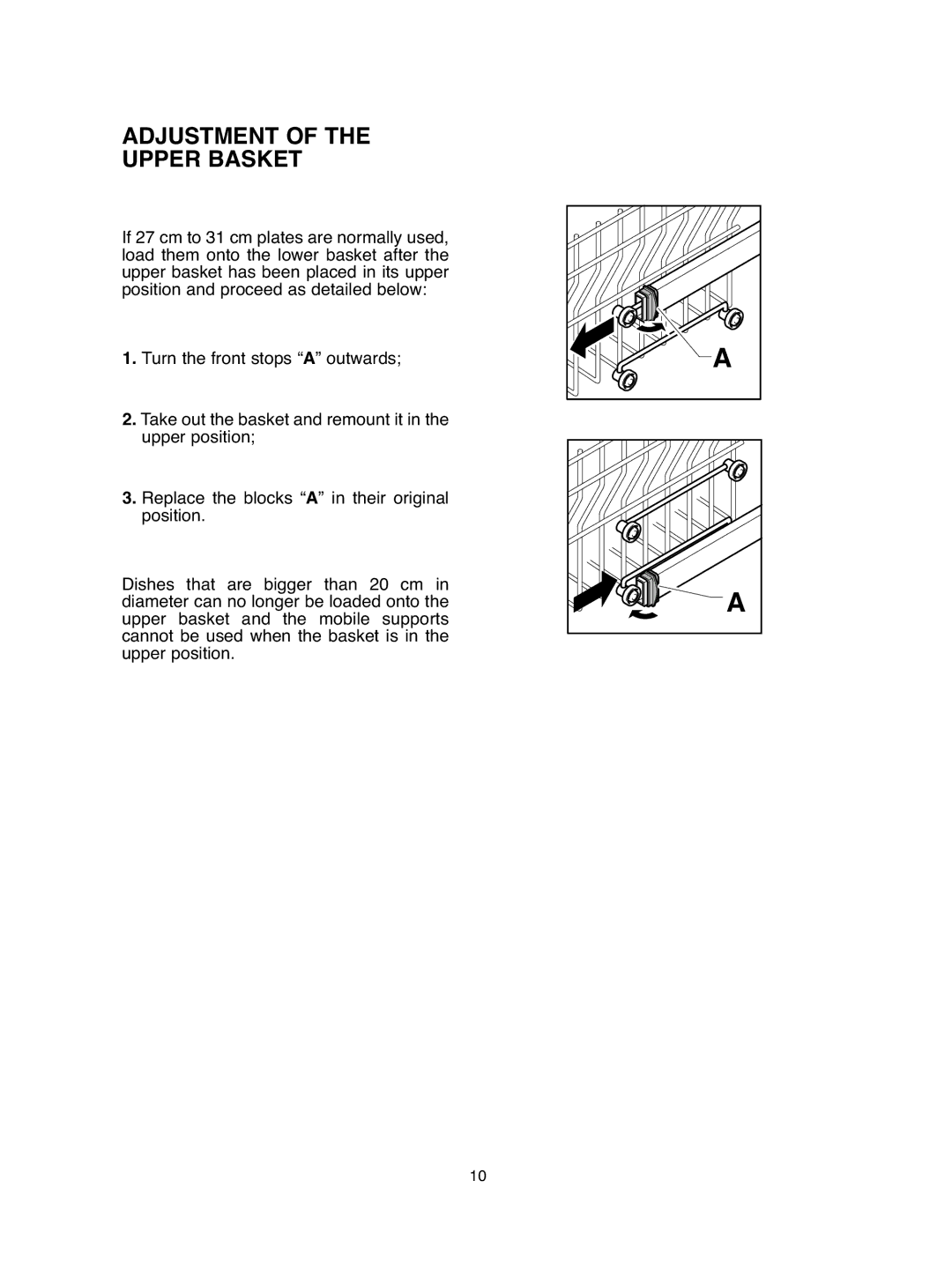 Hoover DDY 062 manual Adjustment of the Upper Basket 