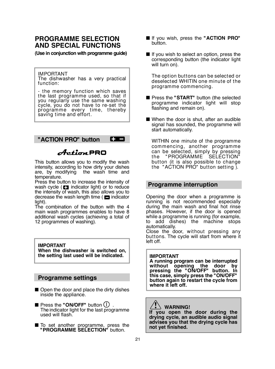 Hoover DDY 062 Programme Selection and Special Functions, Action PRO button, Programme settings, Programme interruption 