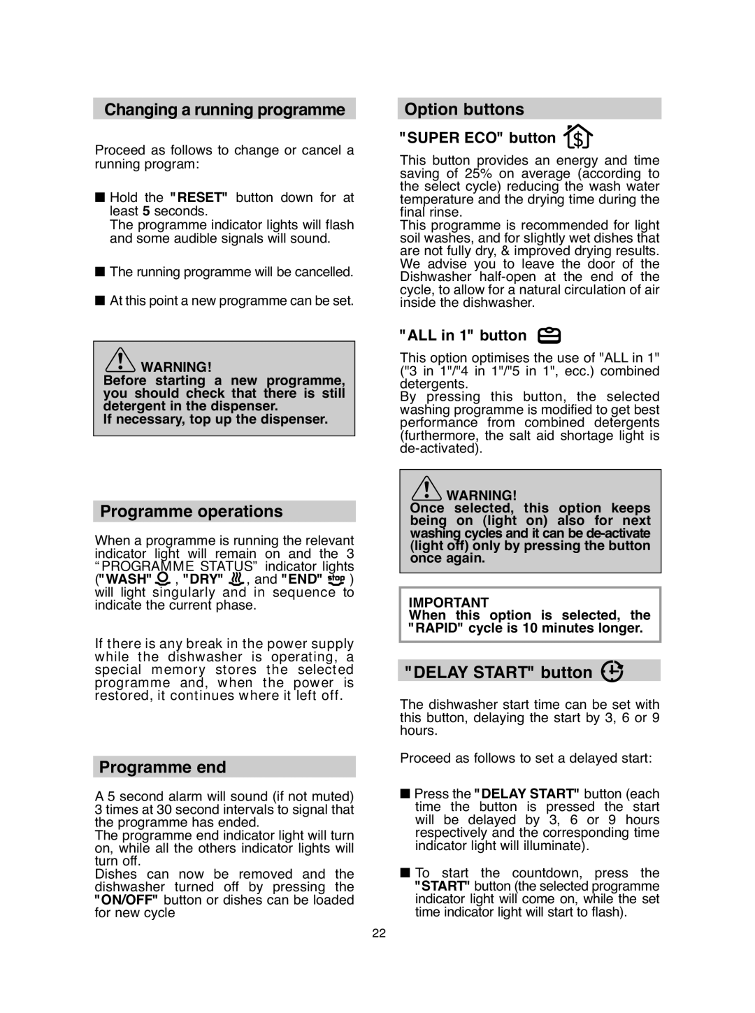 Hoover DDY 062 manual Changing a running programme, Programme operations, Programme end, Option buttons, Delay Start button 