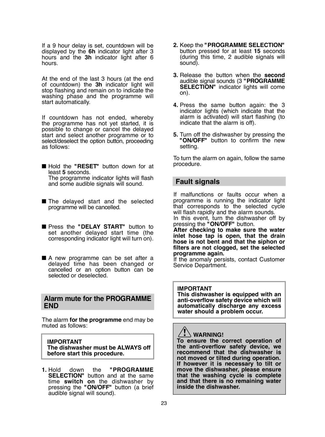 Hoover DDY 062 manual Alarm mute for the Programme END, Fault signals 